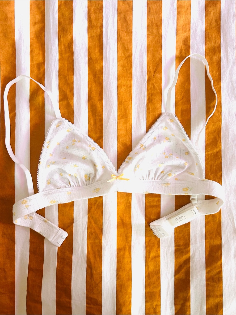 Organic Cotton Bralette with Pale Yellow Floral Accent and Bow